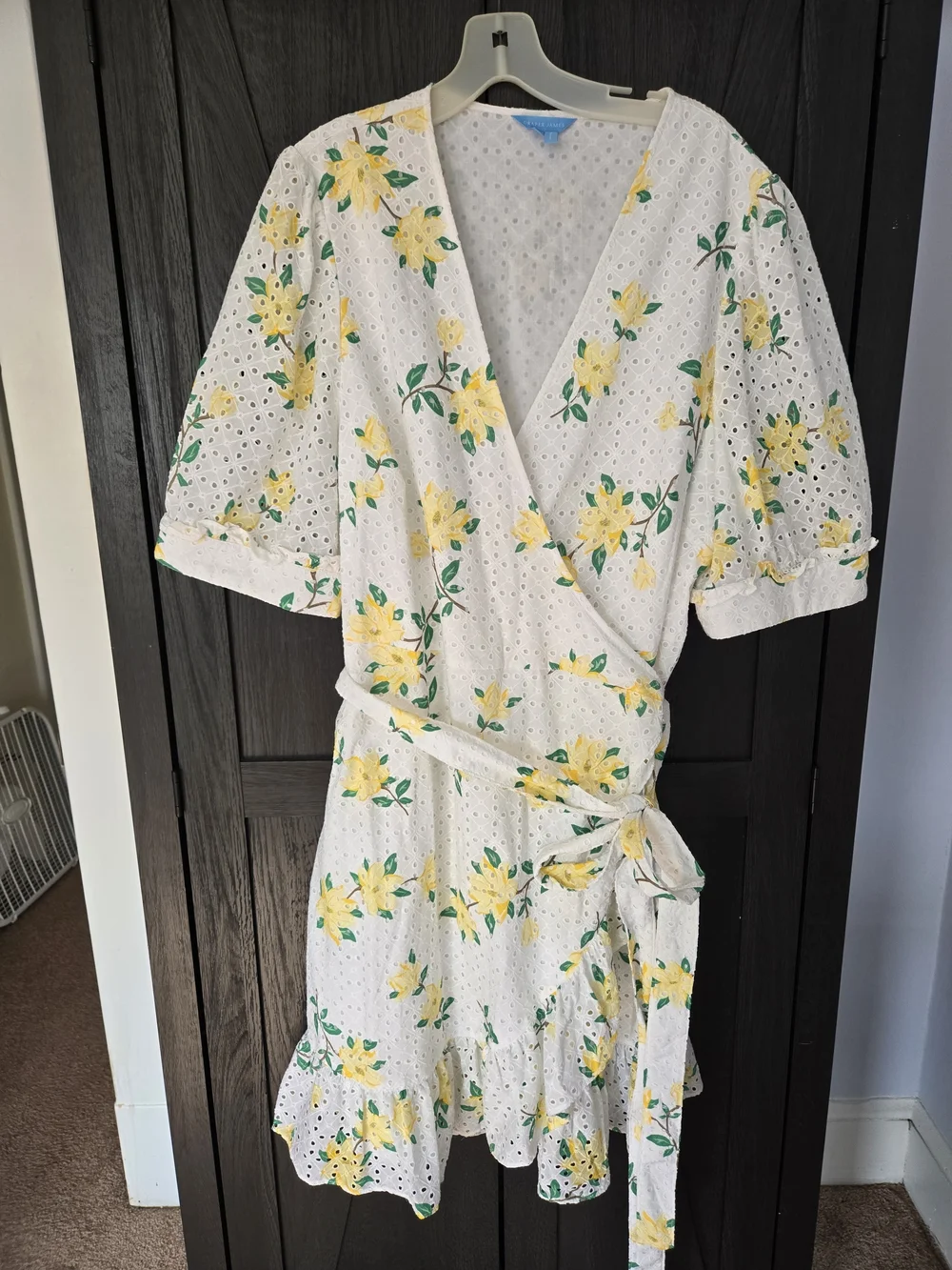 Draper James White Yellow Floral Knee-Length Eyelet Wrap Dress Rare Plus Size 20